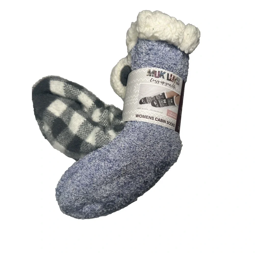 2 pairs MUK LUKS womens thick cabin slipper‎ socks grippers size large XL 8 9